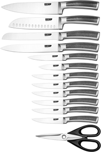 Knife Set, 14-Piece German Steel Kitchen Knife Block Sets with Built-In Sharpener, Rotating Block