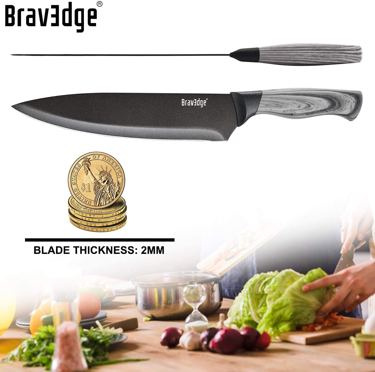 Bravedge Chef Knife, 8 Inch Kitchen Knife with Sheath, High Carbon Stainless Steel Ultra Sharp Cooking Knife with Ergonomic Handle, Well Balanced & Easy to Clean & Dishwasher Safe