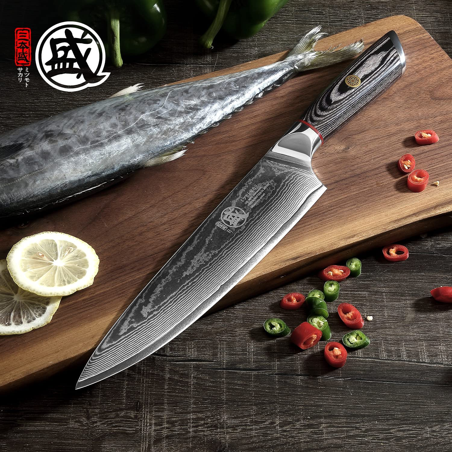 MITSUMOTO SAKARI 8 Inch Japanese Gyuto Chef Knife, AUS-10 Premium Damascus Steel Kitchen Cooking Knife, Professional Hand Forged Meat Sushi Knife (Pakkawood Handle & Gift Box)