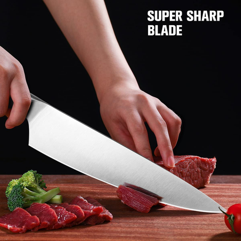 Image of Mosfiata Chef Knife 8 Inch Kitchen Cooking Knife, 5Cr15Mov High Carbon Stainless Steel Sharp Knife with Ergonomic Pakkawood Handle, Full Tang Vegetable Meat Cutting Knife with Sheath for Home Kitchen