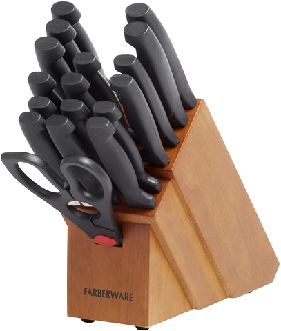 Image of Farberware 18-Piece Never Needs Sharpening High-Carbon Stainless Steel Knife Block Set with Non-Slip Handles, Black