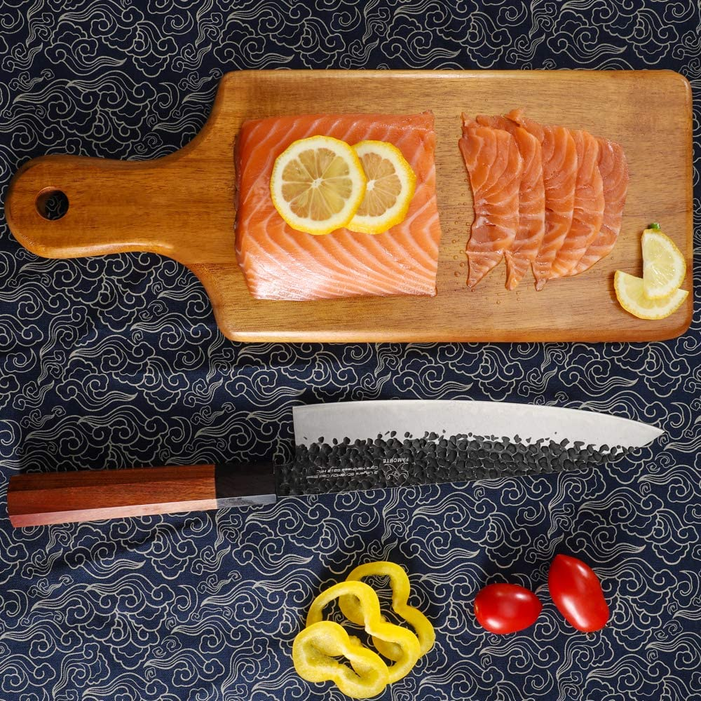 FAMCÜTE 8 Inch Japanese Chef Knife, 3 Layer 9CR18MOV Clad Steel W/Octagon Handle Gyuto Sushi Knife for Home Kitchen & Restaurant