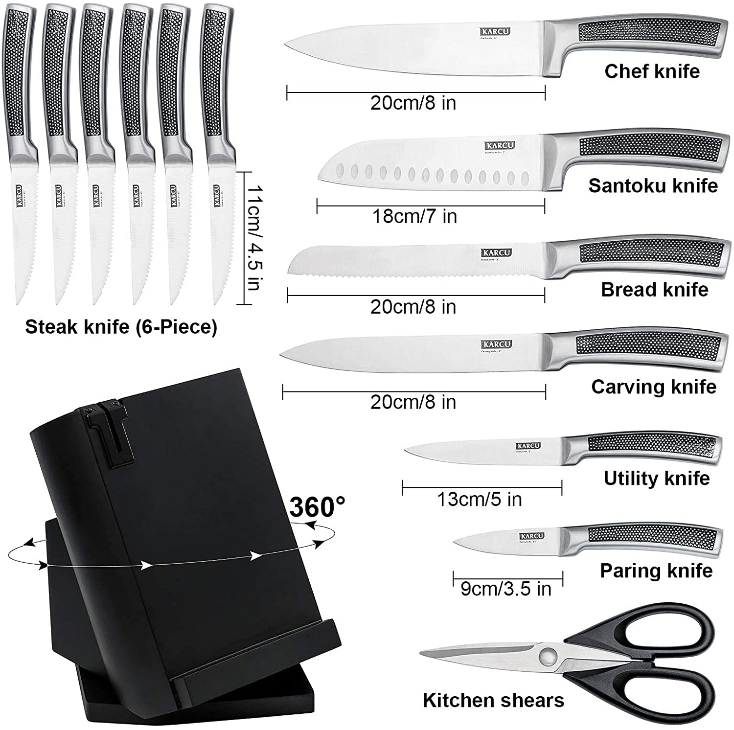Knife Set, 14-Piece German Steel Kitchen Knife Block Sets with Built-In Sharpener, Rotating Block