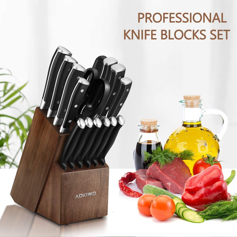 Image of Knife Set, 21 Pieces Kitchen Knife Set with Block Wooden, Germany High Carbon Stainless Steel Professional Chef Knife Block Set, Ultra Sharp, Forged, Full-Tang (Black)
