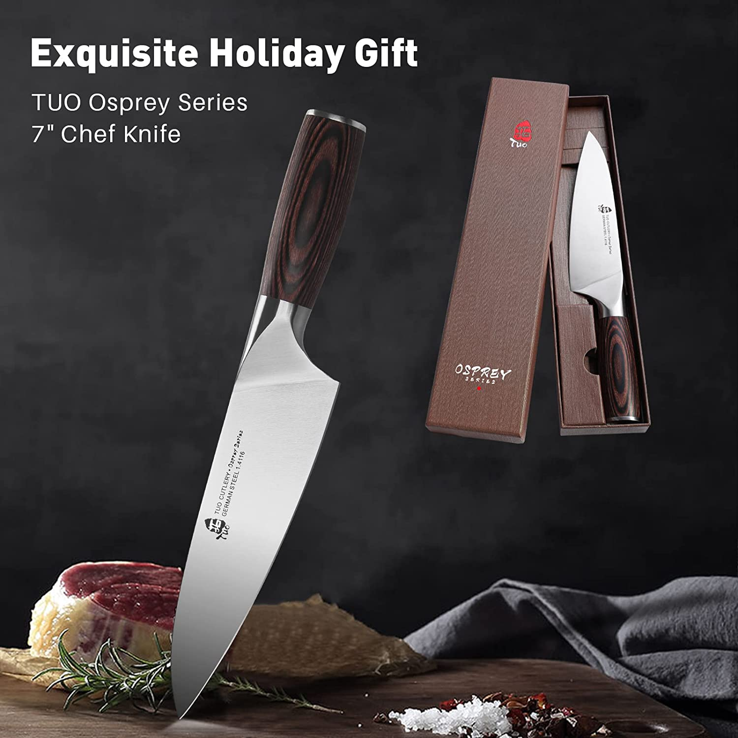 TUO Chef Knife 7 Inch - Professional Kitchen Cooking Knife Japanese Gyuto Knives Vegetable Meat and Fruit - German HC Stainless Steel - Ergonomic Pakkawood Handle - Osprey Series with Gift Box