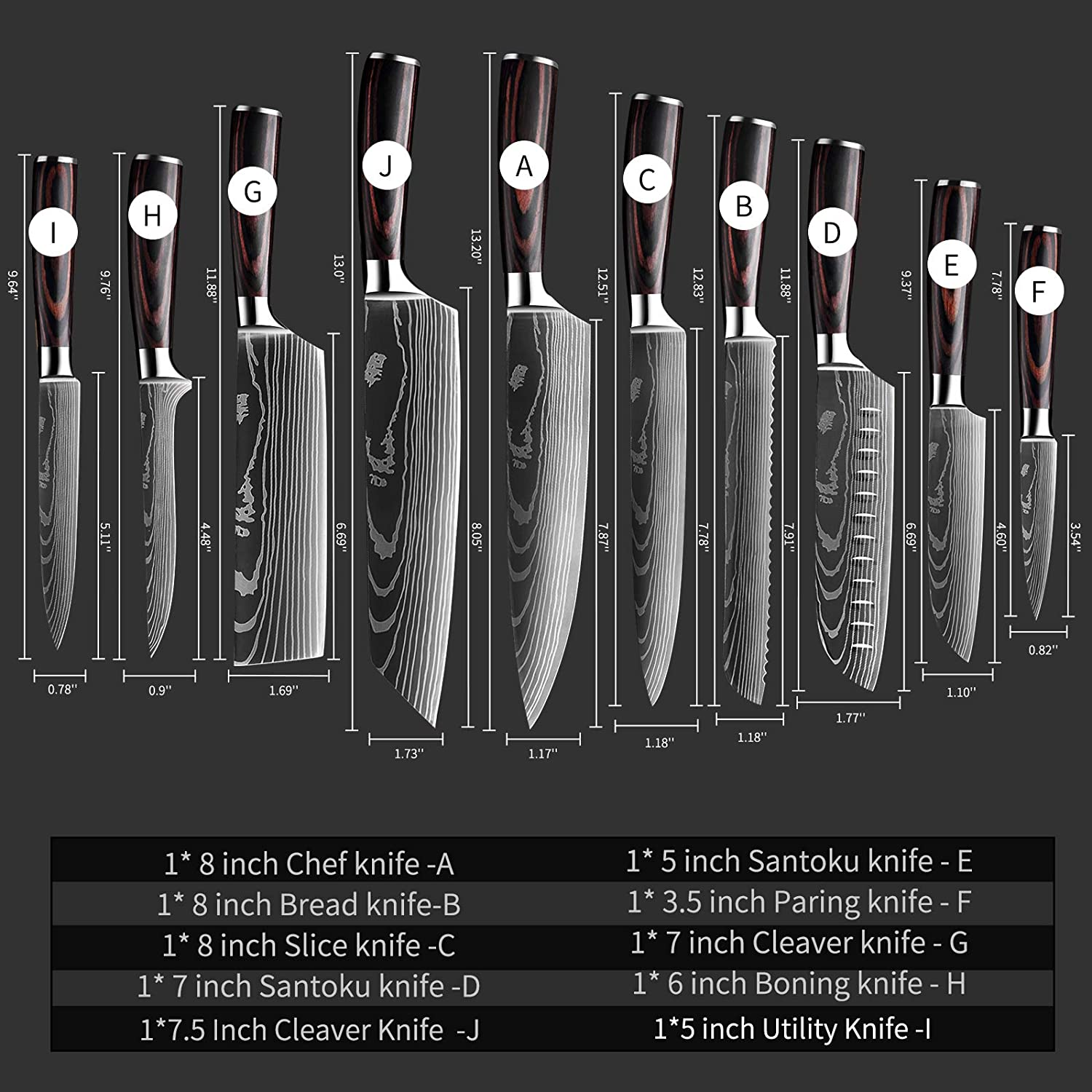 KEPEAK Chef Knife Sets 10 Piece, Kitchen Knives High Carbon Stainless Steel, with Pakkawood Handle, Professional Knife Sets for Vegetable Fruit Meat Cutting
