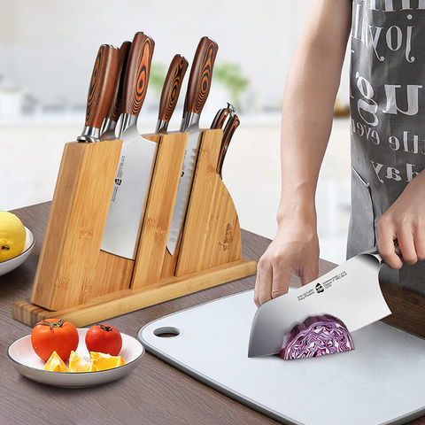 Image of TUO 8-Pcs Kitchen Knife Set - Forged German X50Crmov15 Steel - Rust Resistant - Full Tang Pakkawood Ergonomic Handle - Kitchen Knives Set with Wooden Block - Fiery Phoenix Series