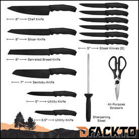 DFACKTO 15 Piece Kitchen Knife Block Set, High Carbon Stainless Steel, Black Matte Blades