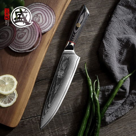 Image of MITSUMOTO SAKARI 8 Inch Japanese Gyuto Chef Knife, AUS-10 Premium Damascus Steel Kitchen Cooking Knife, Professional Hand Forged Meat Sushi Knife (Pakkawood Handle & Gift Box)