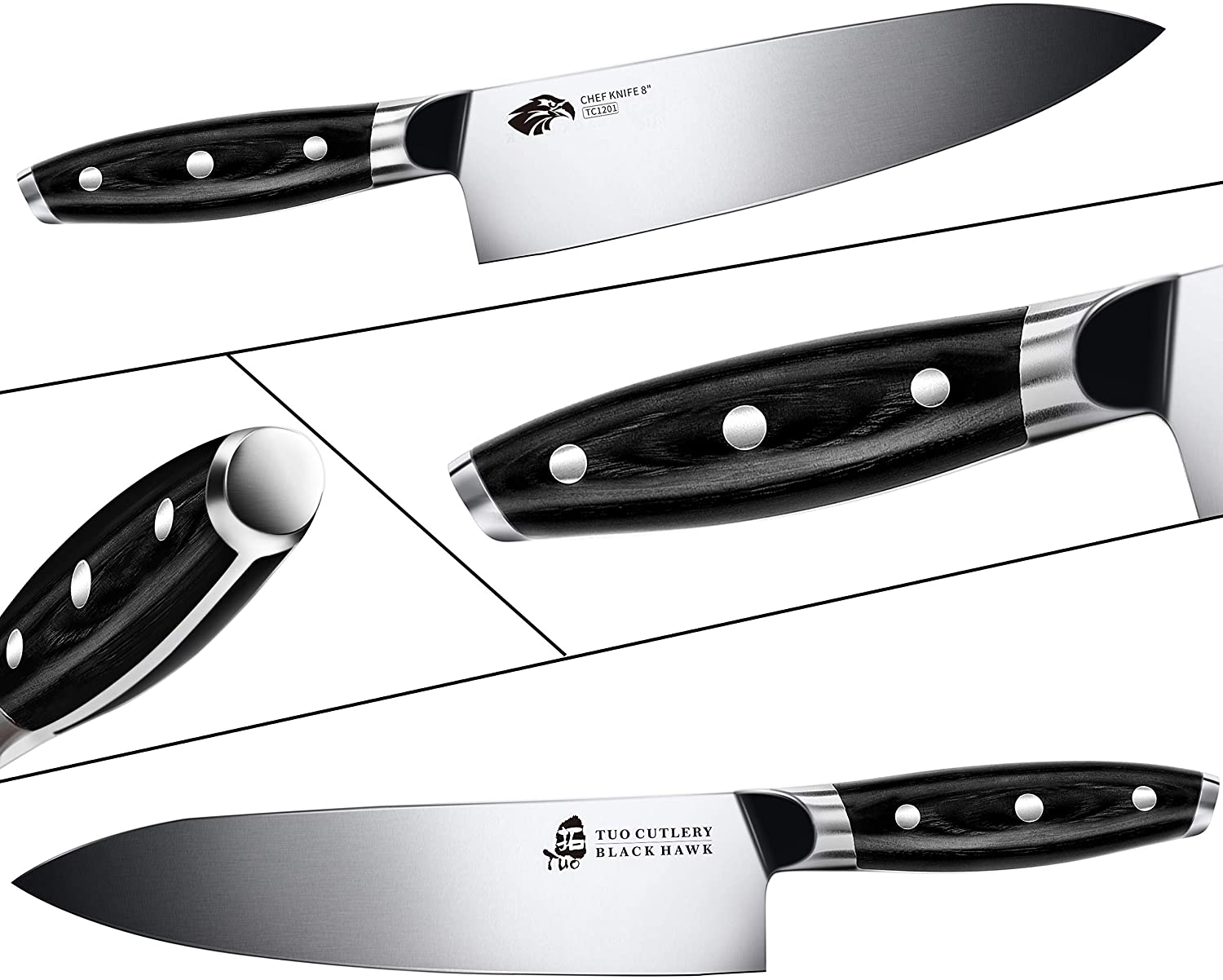 TUO Chef Knife - 8 Inch Kitchen Chefs Knives Professional Cooking Knife - German HC Steel - Full Tang Pakkawood Handle - BLACK HAWK SERIES with Gift Box