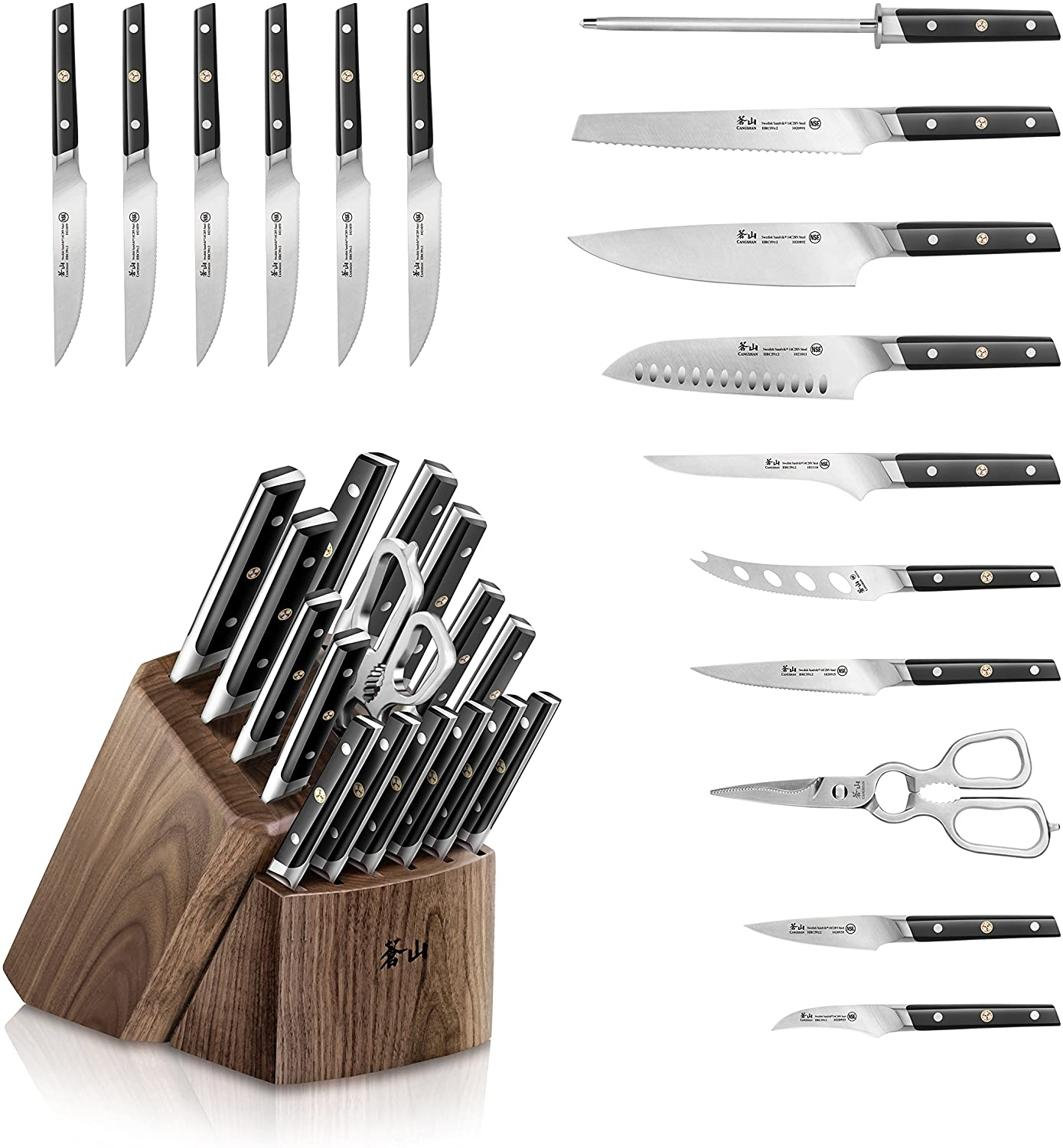 Cangshan TC Series 1021455 Swedish Sandvik 14C28N Steel Forged 17-Piece Knife Block Set, Walnut