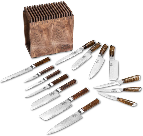 Image of Knife Set Block - 8 Piece Chefs Knife Set - Damascus Steel VG10 Japanese Stainless Steel Home Kitchen Knife Set with Shadow Wood Handle&Unviersal Walnut Block