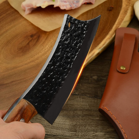Image of XYJ Full Tang Boning Knife Handmade Forged Butcher Knife Serbian Chef Knife Multi-Functional Cleaver with Leather Sheath for Kitchen Camping or BBQ