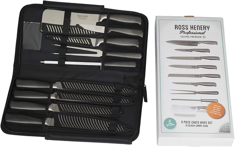 Image of Ross Henery Professional Knives, Eclipse Premium Stainless Steel 9 Piece Chefs / Kitchen Knife Set in Carry Case