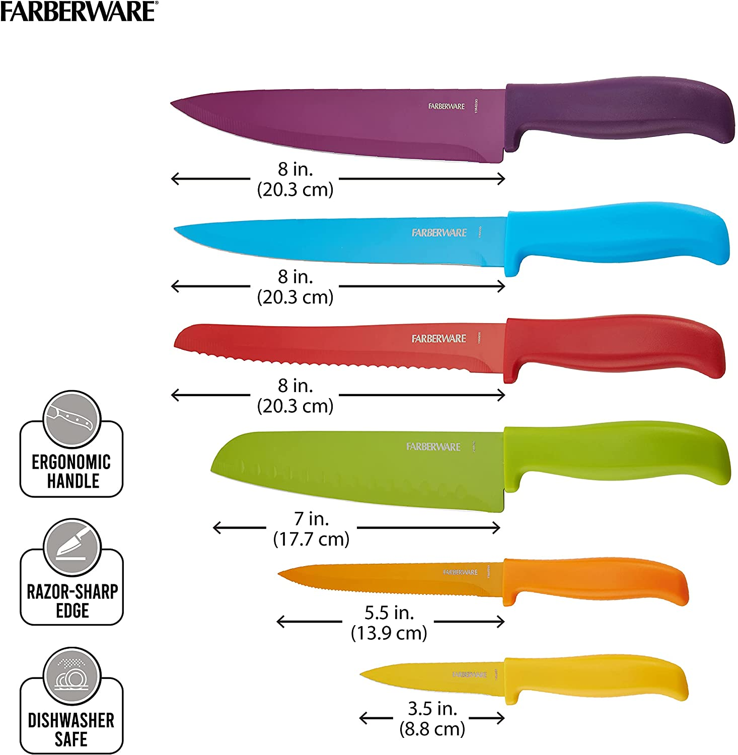 Farberware 12-Piece Non-Stick Resin Cutlery Knife Set, Multicolor