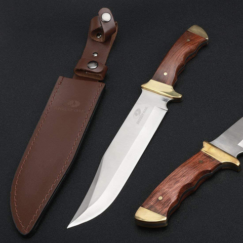 Image of MOSSY OAK 14-Inch Bowie Knife, Full-Tang Fixed Blade Wood Handle with Leather Sheath