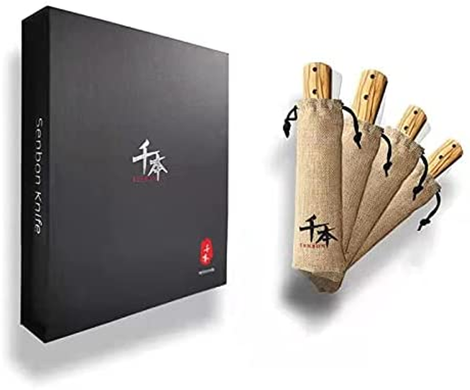 Senbon 440A Stainless Steel Gift Wrapped 4 Piece Set Sharp Pocket Folding Japanese Chef Knife Universal Peeling Knife Bread Knife Combination Set Portable Kitchen Knives with Natural Olive Handle.