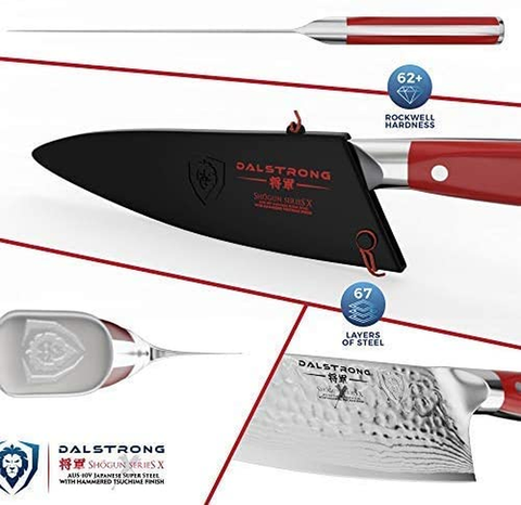 Image of DALSTRONG Chef Knife - 8 Inch - Shogun Series - Damascus - Japanese AUS-10V Super Steel Kitchen Knife - Red Handle - Razor Sharp Knife - W/Sheath