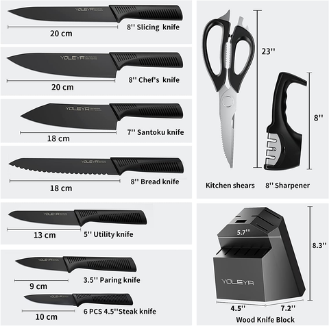 Image of Knife Set,Yoleya 15 Pieces Kitchen Knife Set Non Stick Coating Knife Set with Block,Professional Knives Set for Kitchen