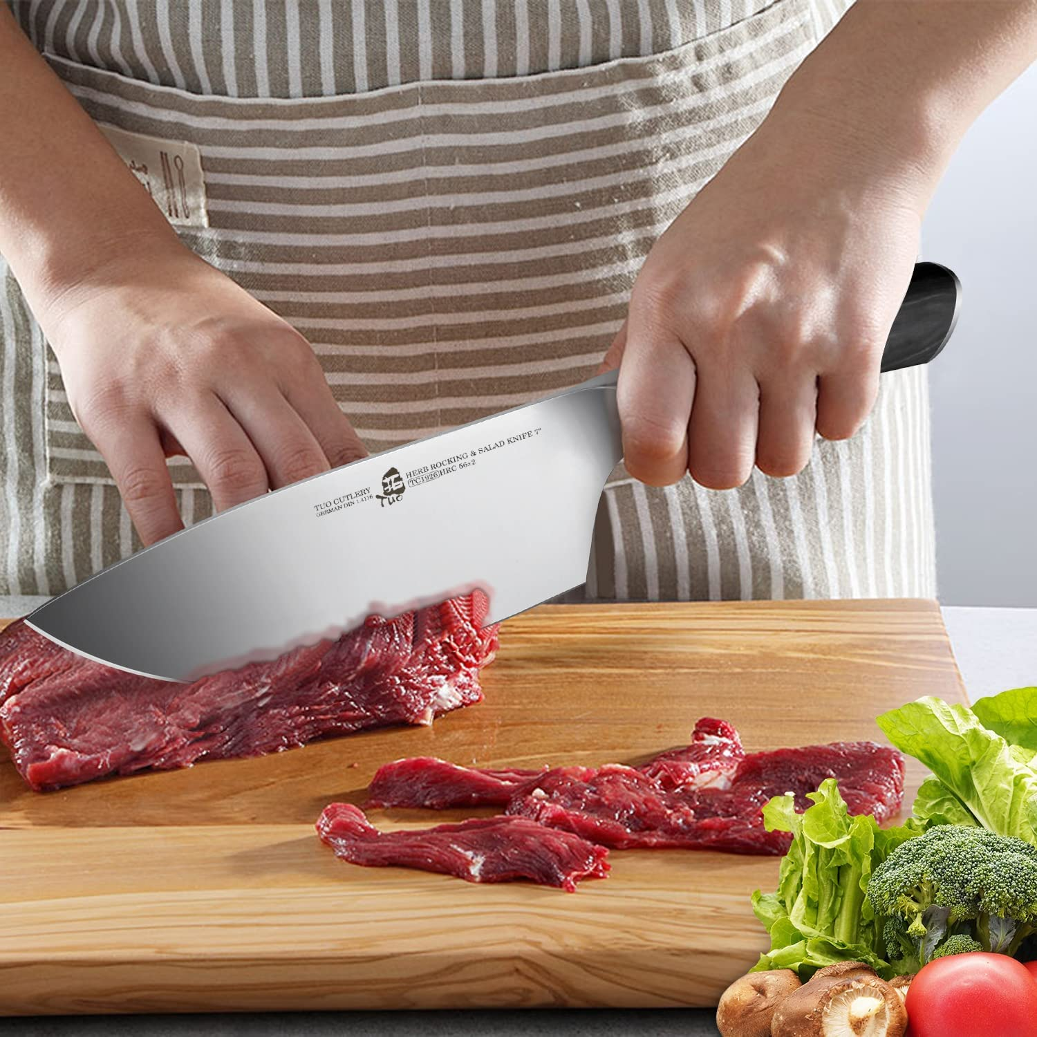 TUO Herb Rocking&Salad Knife- 7 Inch Vegetable Cleaver, German HC Steel Ergonomic Pakkawood Handle Gift Box Cutlery, Fiery Phoenix Series - Black