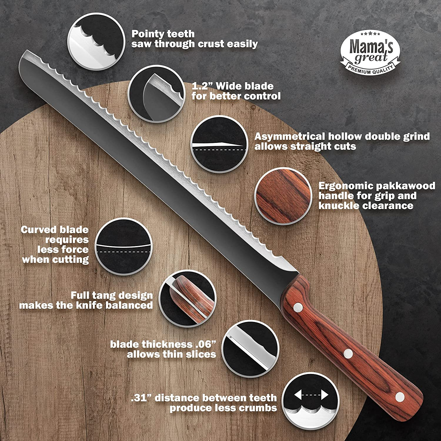 Serrated Bread Knife for Homemade Bread. Long 10.5 Inch Ultra Sharp Blade for Effortless Cuts of Thick Loaves. Professional Bread Cutter for Crusty Sourdough Bread. Works Well with Bread Slicer Guides