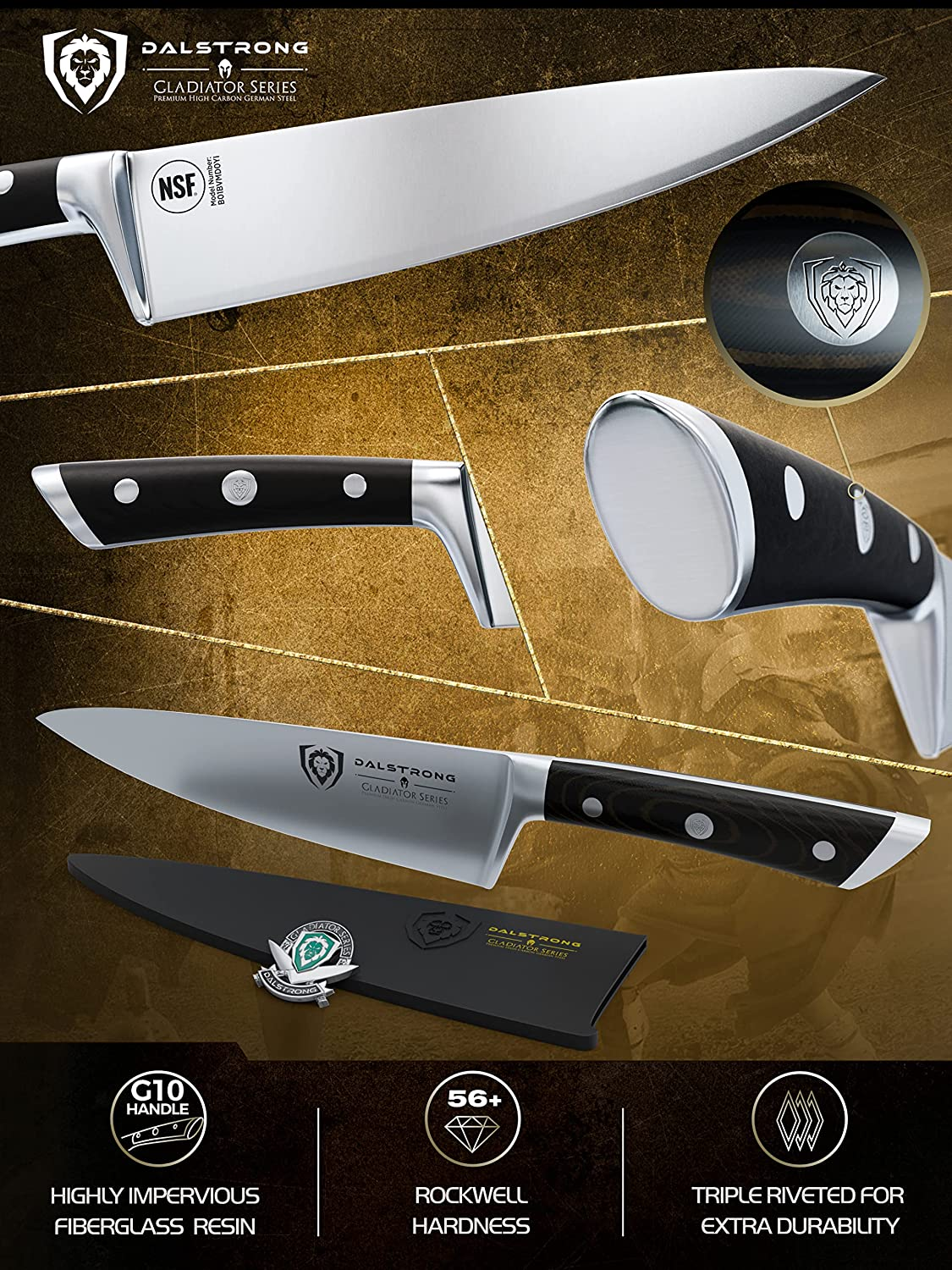 DALSTRONG Chef Knife - 8 Inch - Gladiator Series - Forged High Carbon German Steel - Razor Sharp Kitchen Knife - Full Tang - Black G10 Handle - Sheath Included - NSF Certified