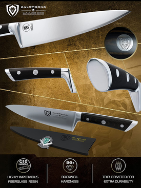 DALSTRONG Chef Knife - 8 Inch - Gladiator Series - Forged High Carbon German Steel - Razor Sharp Kitchen Knife - Full Tang - Black G10 Handle - Sheath Included - NSF Certified
