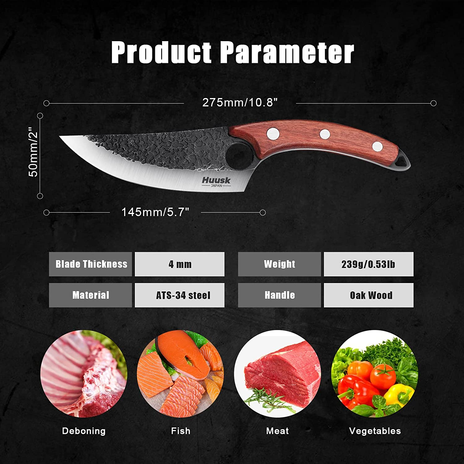 Huusk Viking Knives Hand Forged Boning Knife Full Tang Japanese Chef Knife with Sheath Butcher Meat Cleaver Japan Kitchen Knife for Home, Outdoor, Camping