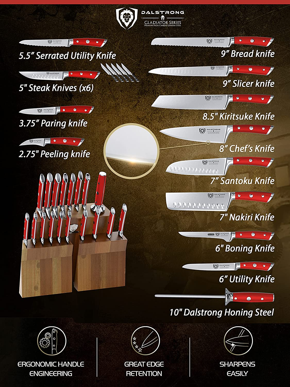 DALSTRONG Knife Set Block - 18-Pc Colossal Knife Set - Gladiator Series - German HC Steel - Red ABS Handles - Acacia Wood Stand - NSF Certified