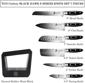 TUO Knife Set - Kitchen Knife Set with Wooden Block 7 Pieces - G10 Full Tang Ergonomic Handle - BLACK HAWK S SERIES with Gift Box