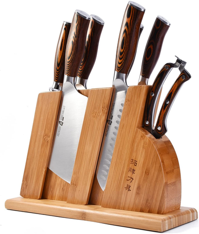 Image of TUO 8-Pcs Kitchen Knife Set - Forged German X50Crmov15 Steel - Rust Resistant - Full Tang Pakkawood Ergonomic Handle - Kitchen Knives Set with Wooden Block - Fiery Phoenix Series