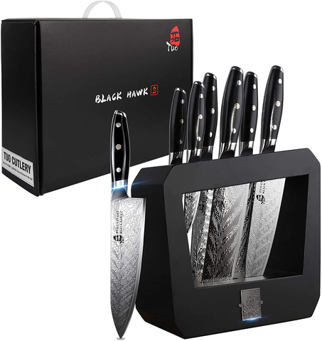 Image of TUO Knife Set - Kitchen Knife Set with Wooden Block 7 Pieces - G10 Full Tang Ergonomic Handle - BLACK HAWK S SERIES with Gift Box