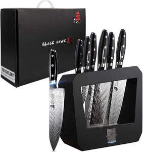 TUO Knife Set - Kitchen Knife Set with Wooden Block 7 Pieces - G10 Full Tang Ergonomic Handle - BLACK HAWK S SERIES with Gift Box