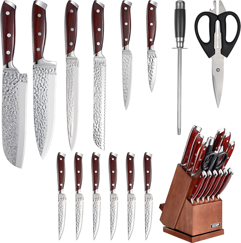 Image of Knife Set, Karcu Kitchen Knife Set with Block, 15-Piece German High Carbon Steel with Acrylic Handle, Rotating Acacia Block