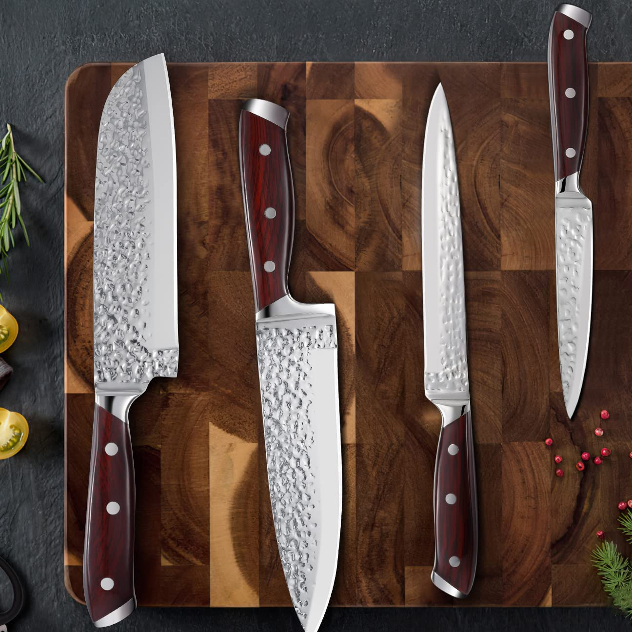 Knife Set, Karcu Kitchen Knife Set with Block, 15-Piece German High Carbon Steel with Acrylic Handle, Rotating Acacia Block