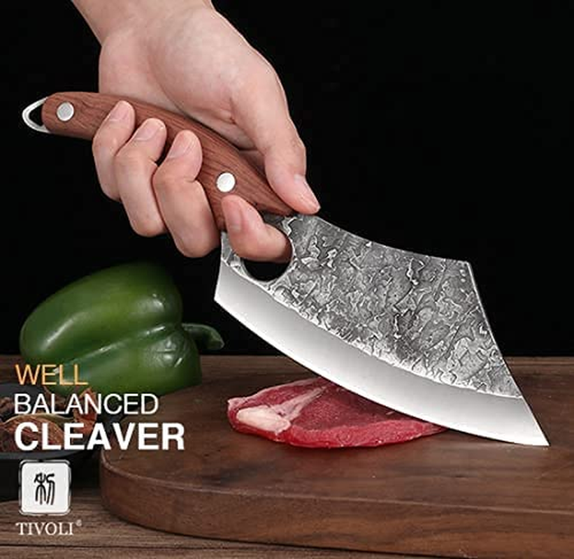 TIVOLI Meat Cleaver Knife Hand Forged Kitchen Knife Full Tang Boning Knife with Sheath Carbon Steel Chef Knife Butcher Knife for Home, Outdoor, Camping