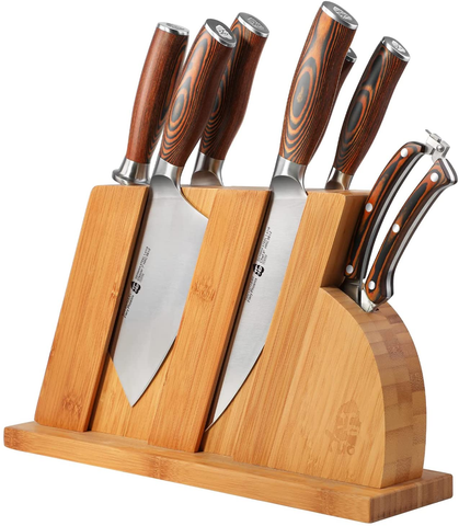 Image of TUO Knife Set 8Pcs, Japanese Kitchen Chef Knives Set with Wooden Block, Including Honing Steel and Shears, Forged German HC Steel with Comfortable Pakkawood Handle, Fiery Series Come with Gift Box