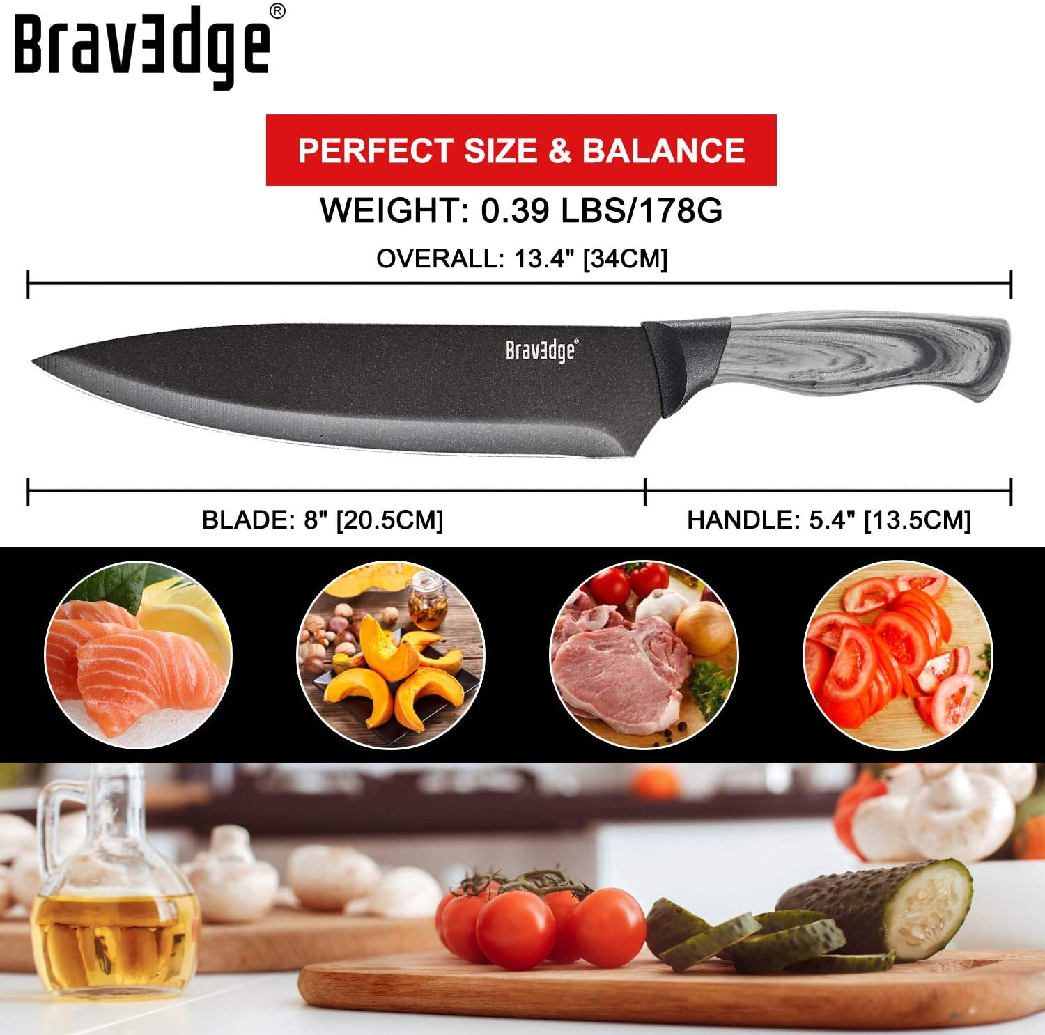 Bravedge Chef Knife, 8 Inch Kitchen Knife with Sheath, High Carbon Stainless Steel Ultra Sharp Cooking Knife with Ergonomic Handle, Well Balanced & Easy to Clean & Dishwasher Safe