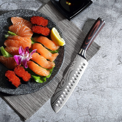 Image of Santoku Knife - PAUDIN N5 7" Kitchen Knife, High Carbon Stainless Steel Chef Knife, Super Sharp Multifunctional Chopping Knife for Meat Vegetable Fruit with Pakkawood Handle and Gift Box