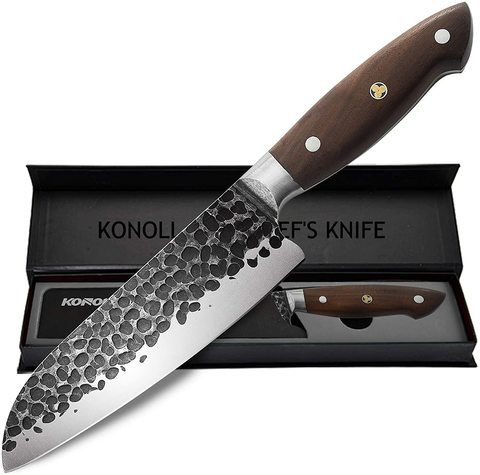 Image of KONOLL Santoku Knife Janpan Chefs Knife Cleaver 7-Inch Forged Handmade Professional Kitchen Knife, German High Carbon Steel with Wood Handle