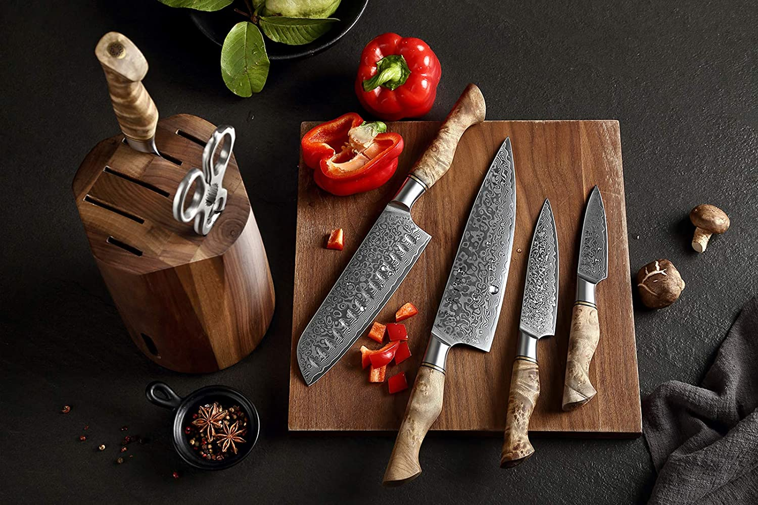 HEZHEN 7PCS Kitchen Knives Set Professional Forging Damascus High Carbon Steel Chef Knife Santoku Bread Knife Utility Knife Fruit Knife 3Cr14 Multifunctional Kitchen Scissors 6Slot Black Walnut Block