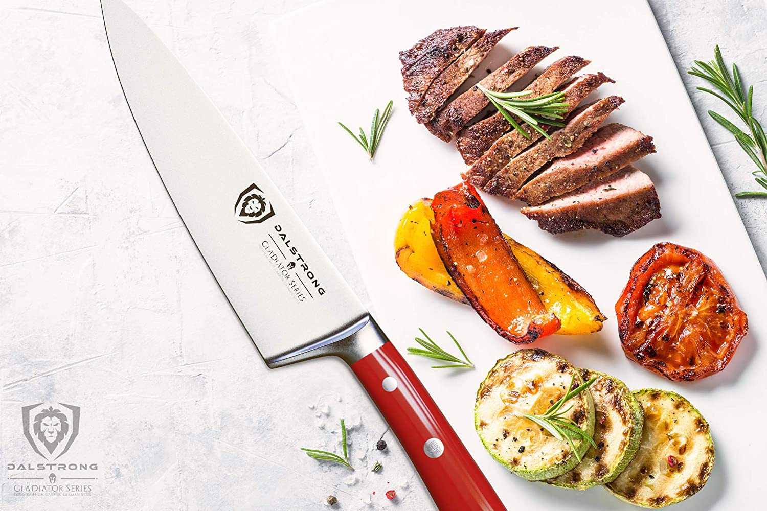 DALSTRONG Chef Knife - 8 Inch - Gladiator Series - Forged High Carbon German Steel - Razor Sharp Kitchen Knife - Full Tang - Crimson Red ABS Handle - Sheath Included - NSF Certified