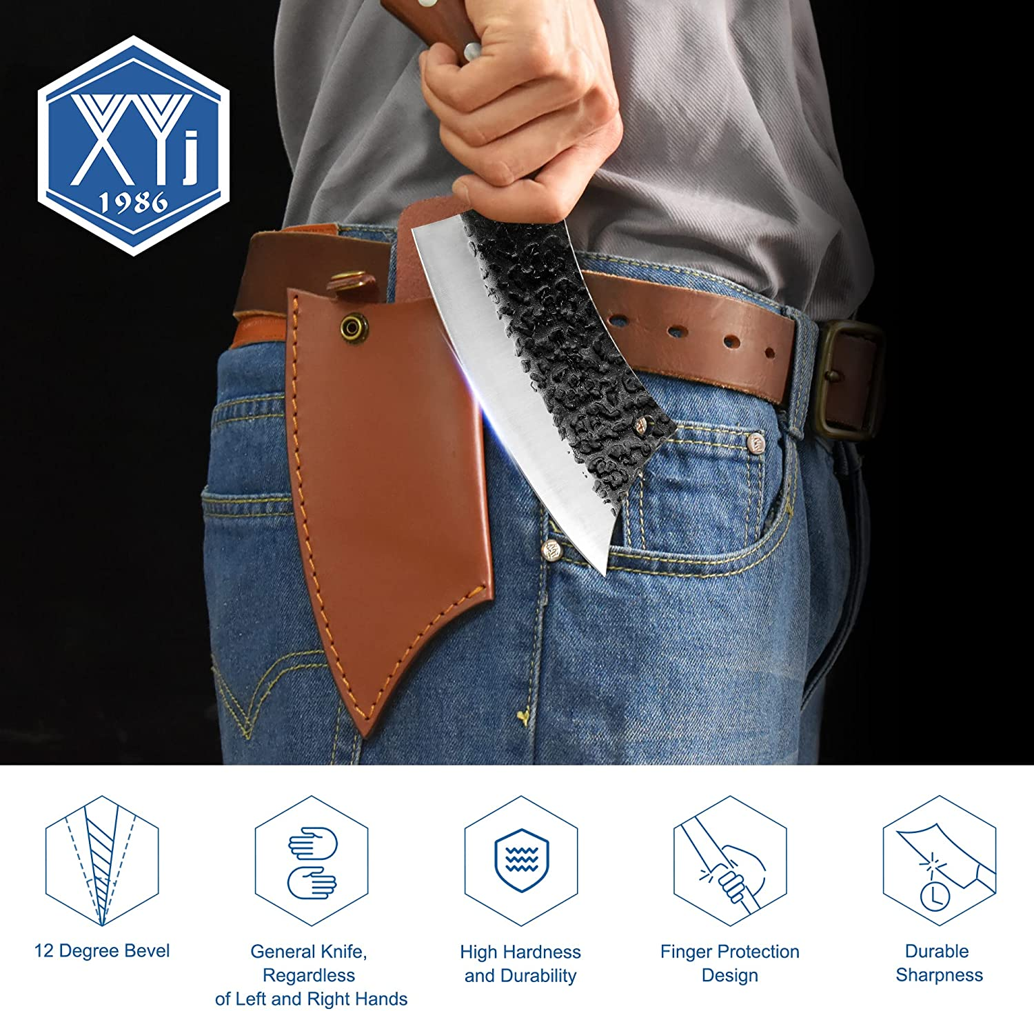 Authentic XYJ FULL TANG 6.2 Inch Kitchen Knife Chef Knives with Carrying Leather Knife Sheath 4Cr13 Stainless Steel Slicing Cutting Butcher Knives for Meat Vegetable Cooking Tool