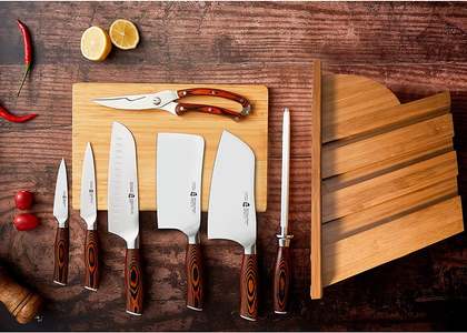 TUO 8-Pcs Kitchen Knife Set - Forged German X50Crmov15 Steel - Rust Resistant - Full Tang Pakkawood Ergonomic Handle - Kitchen Knives Set with Wooden Block - Fiery Phoenix Series