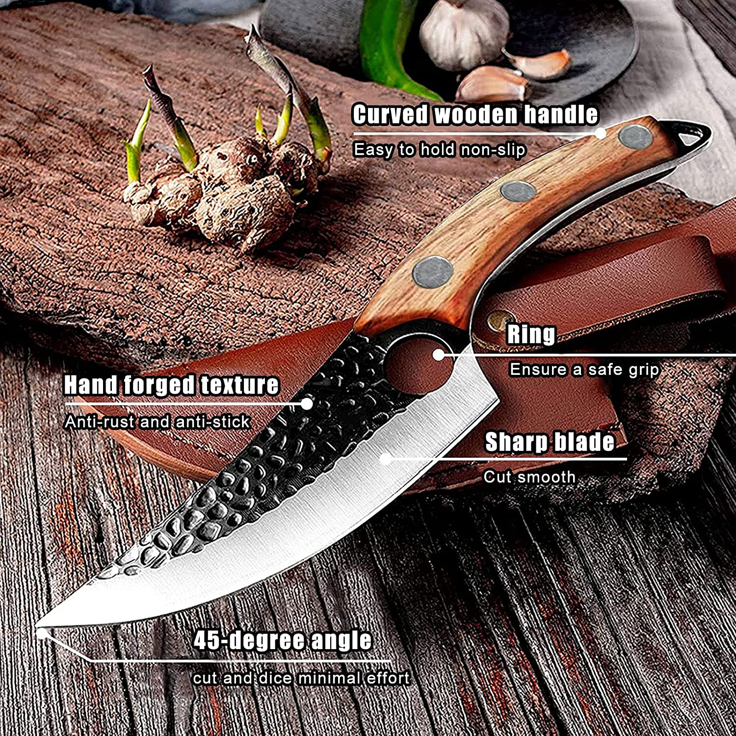 ZENG Butcher Knife Hand Forged Boning Knife with Sheath, Viking Knife, Huusk Japanese Knife, High Carbon Steel Fillet Chef Knife Meat Cleaver Knife for Kitchen, Camping, BBQ