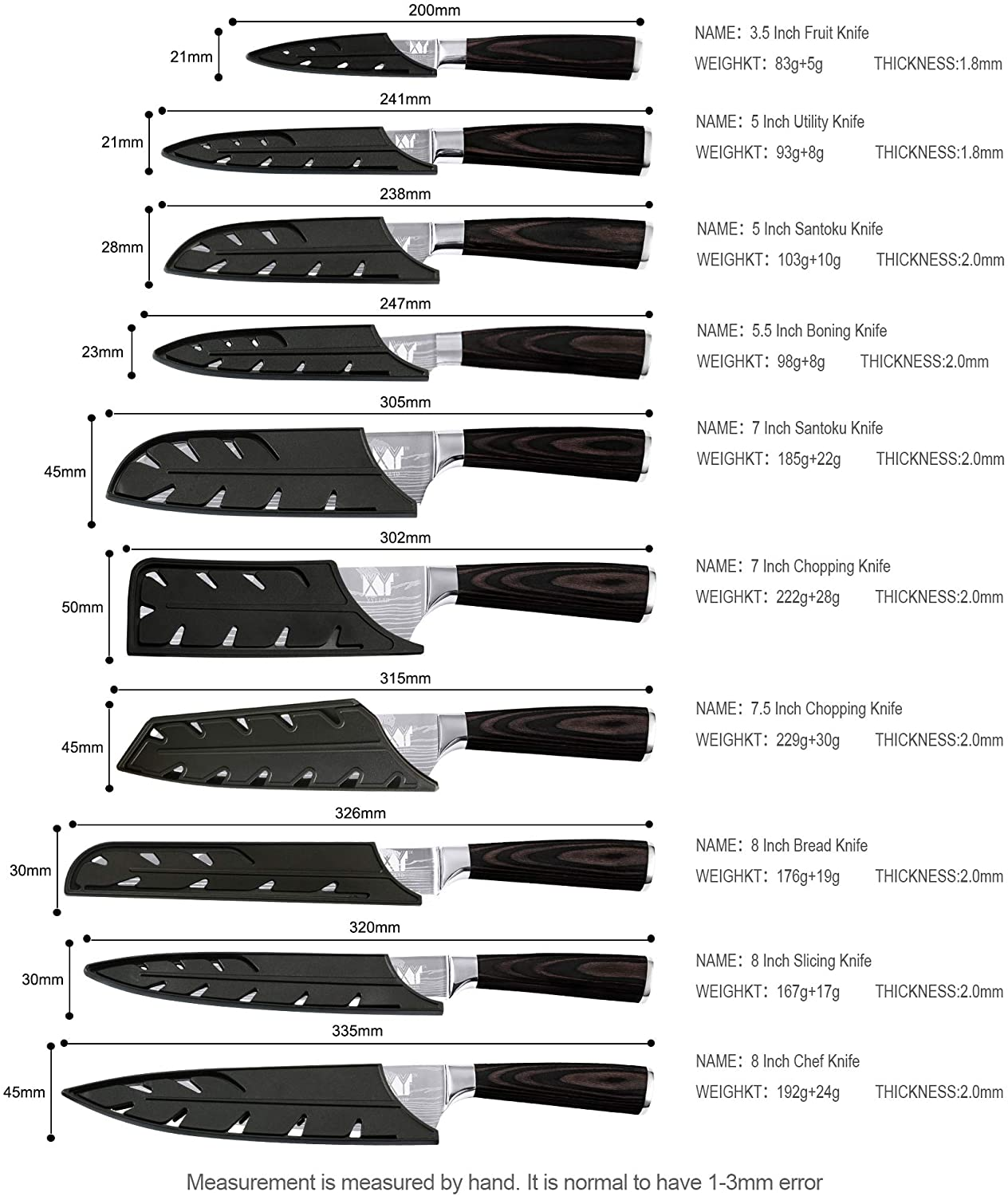 XYJ Stainless Steel Kitchen Knives Set 10 Piece Chef Knife Set with Knife Sharpening Rod Carry Case Bag & Sheath Well Balance Ergonomic Handle