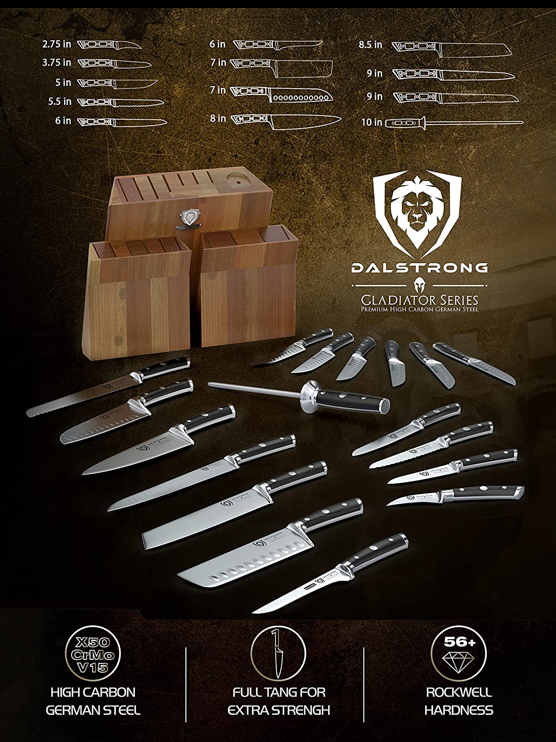 DALSTRONG Knife Set Block - 18-Pc Colossal Knife Set - Gladiator Series -German HC Steel - Acacia Wood Stand (Black Handles) - NSF Certified