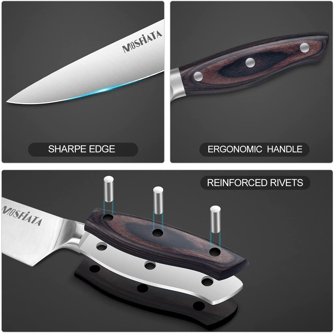 Mosfiata Chef Knife 8 Inch Kitchen Cooking Knife, 5Cr15Mov High Carbon Stainless Steel Sharp Knife with Ergonomic Pakkawood Handle, Full Tang Vegetable Meat Cutting Knife with Sheath for Home Kitchen