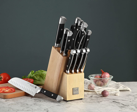 Image of LIEF+SVEIN Brand German Steel Knife Block Set, 15-Piece Kitchen Knife Sets. German Stainless 1.4116 Steel. Unique Kitchen Knives Set with Ipad Holder. Ideal Knife Set with Block and Sharpener.