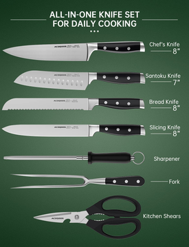 Kitchen Knife Set with Wooden Block, Knife Block Sets 17 Piece with Knife Sharpener, German Stainless Steel and Full-Tang Design by ACOQOOS